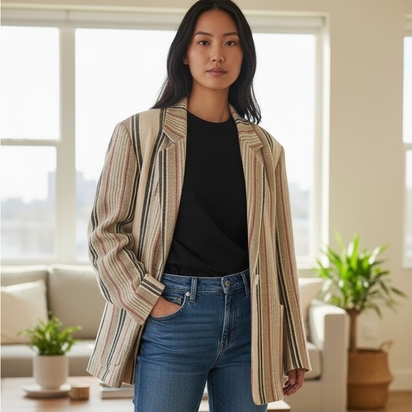 Terri Jackets & Blazers - Terri Cream and Red Striped Lightweight Blazer